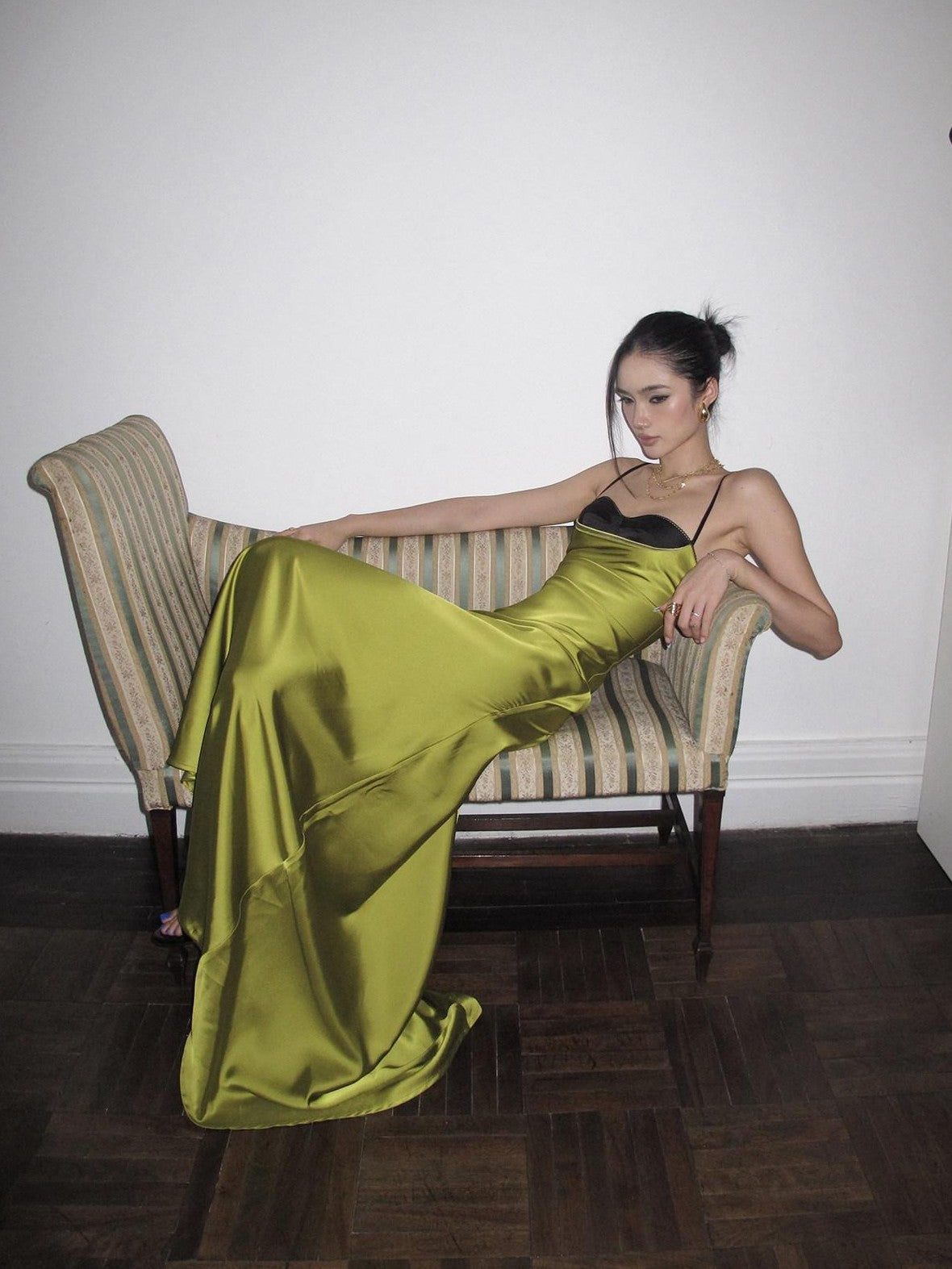 rovente Green Fishtail Spaghetti Strap Bodycon Women's Satin Slip Maxi Dresses