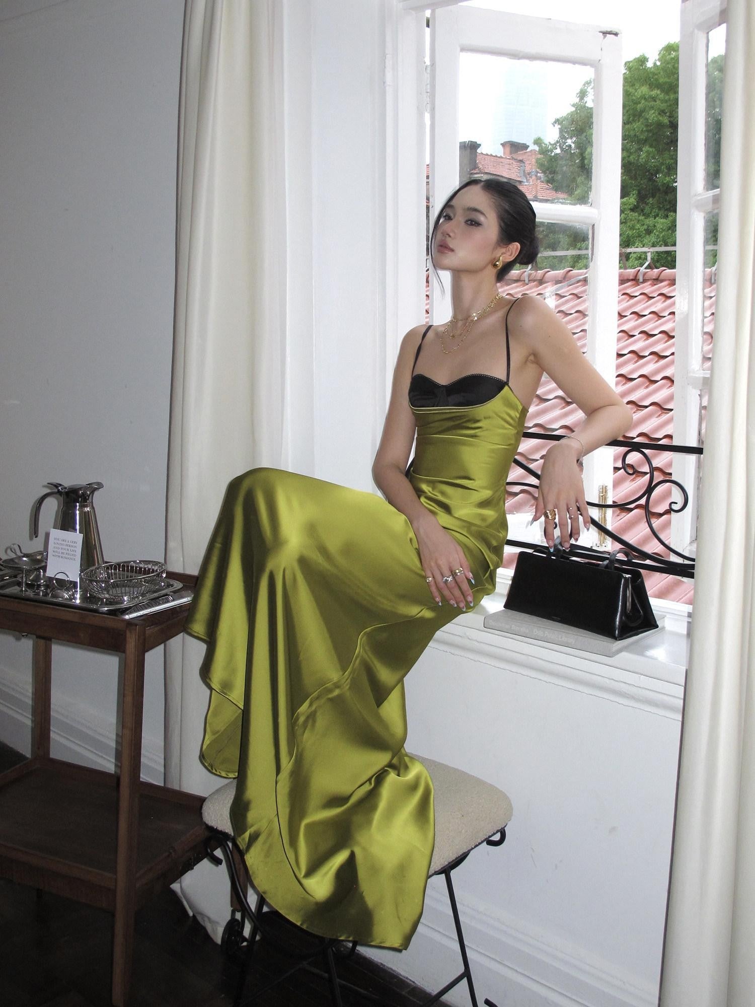 rovente Green Fishtail Spaghetti Strap Bodycon Women's Satin Slip Maxi Dresses