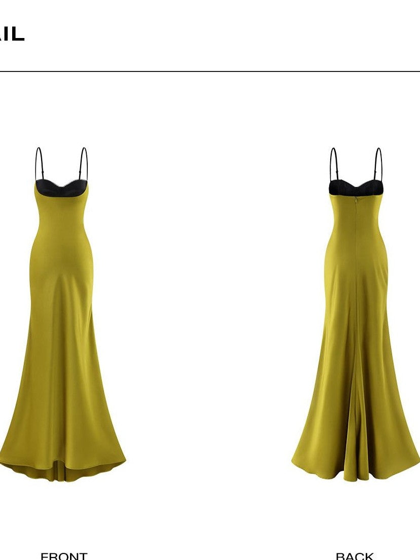 rovente Green Fishtail Spaghetti Strap Bodycon Women's Satin Slip Maxi Dresses