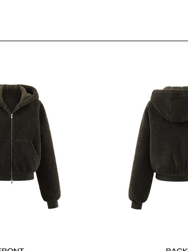 rovente Green Hooded Zipper Slant Pockets Cropped Women's Fleece Jackets