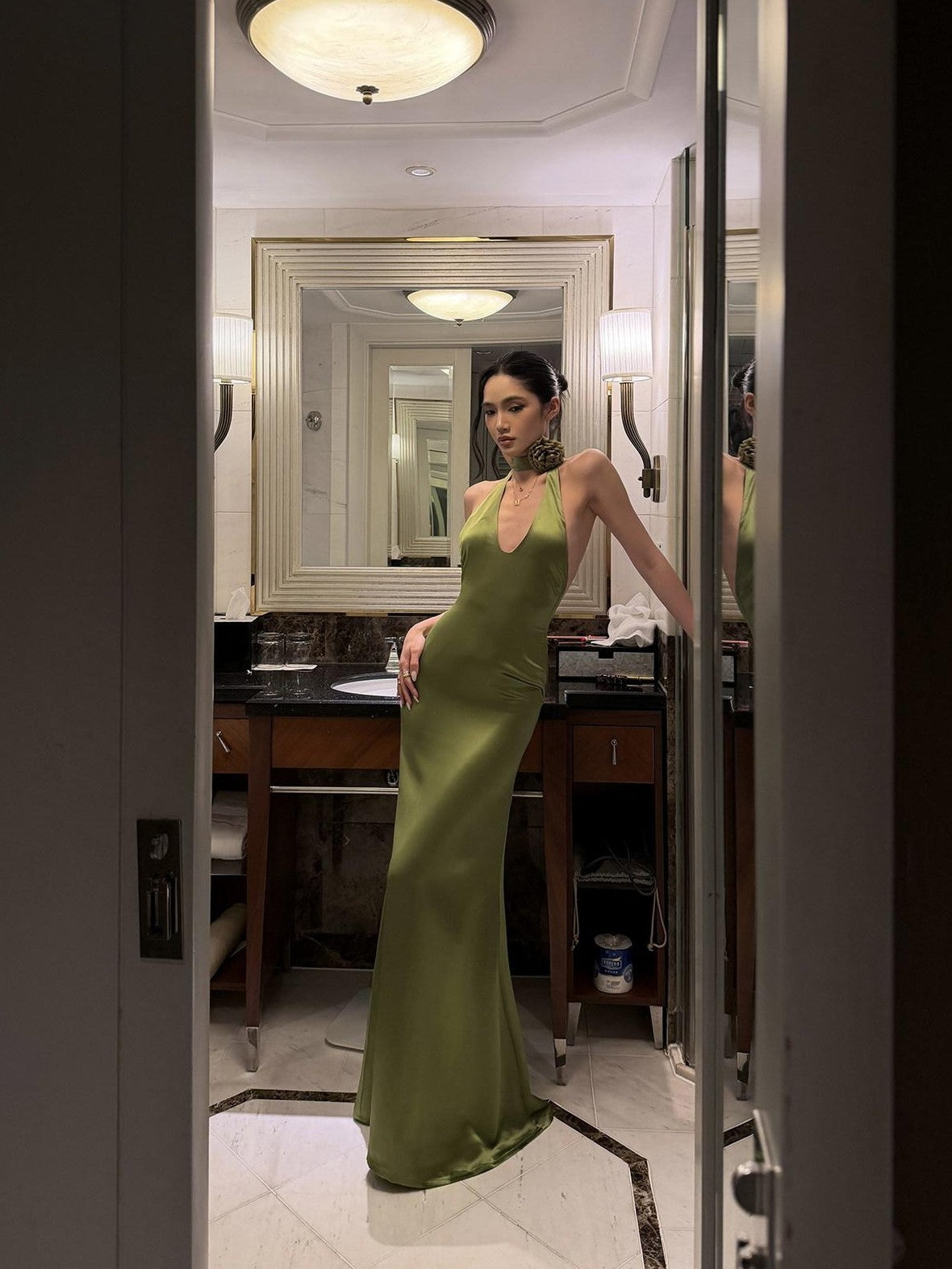 rovente Green Shimmer Halter Backless Waist Cinch Women's Acetate Bodycon Maxi Dresses