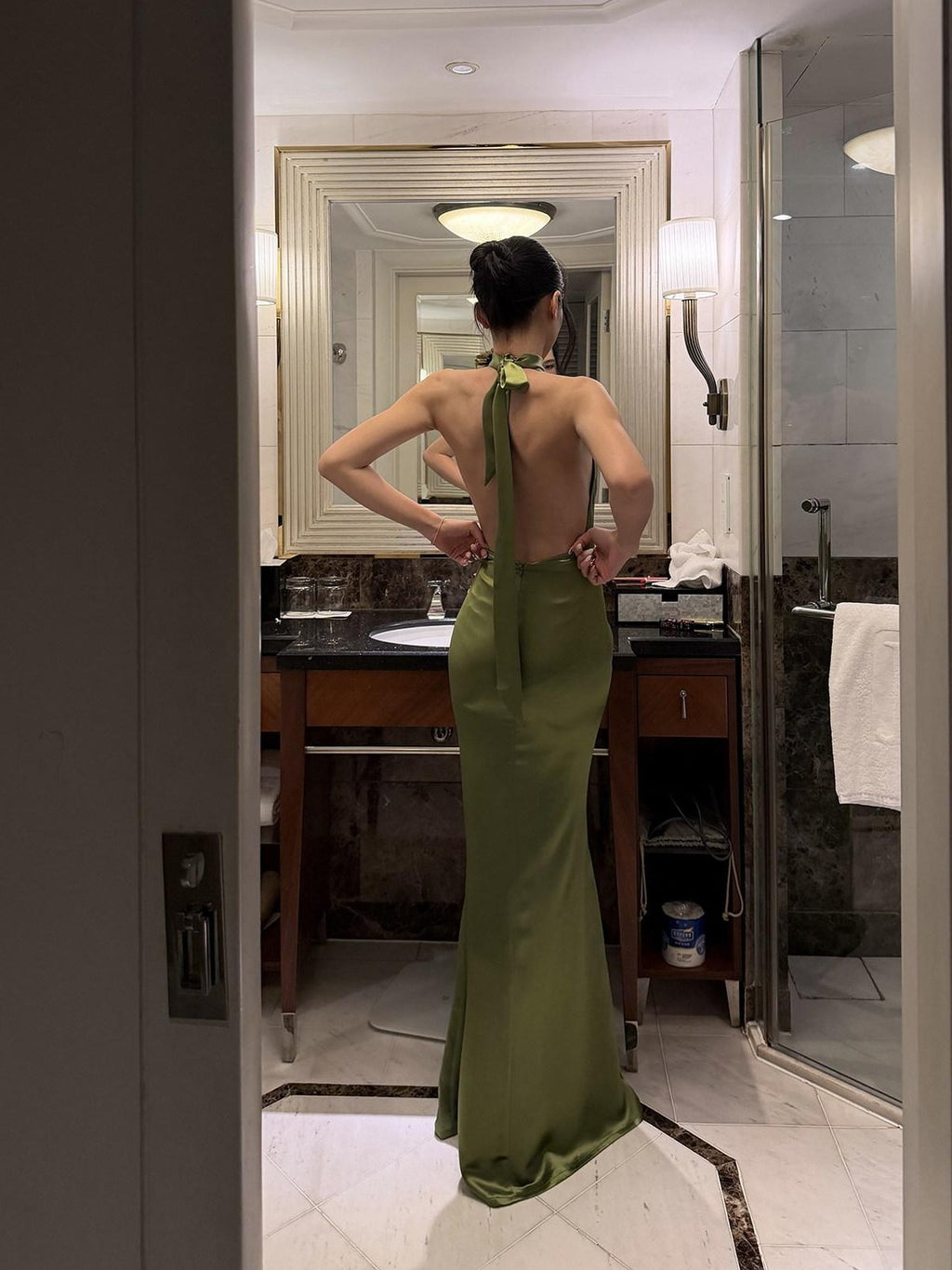 rovente Green Shimmer Halter Backless Waist Cinch Women's Acetate Bodycon Maxi Dresses