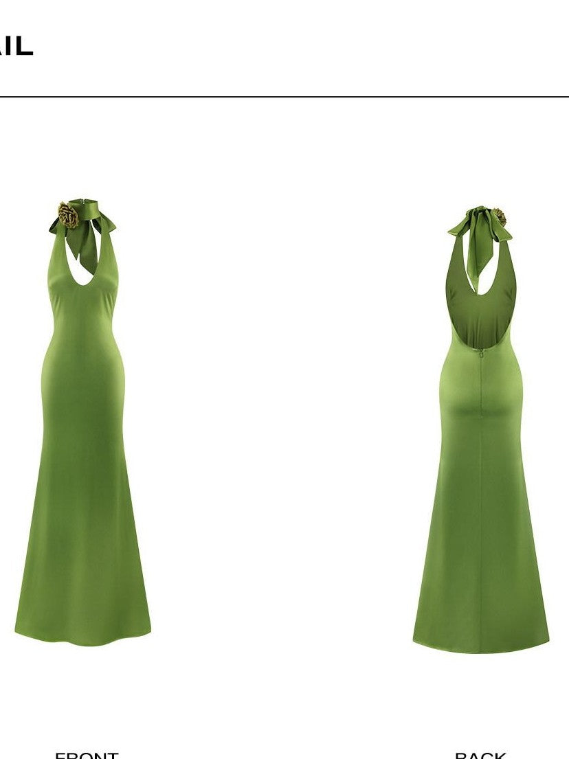 rovente Green Shimmer Halter Backless Waist Cinch Women's Acetate Bodycon Maxi Dresses