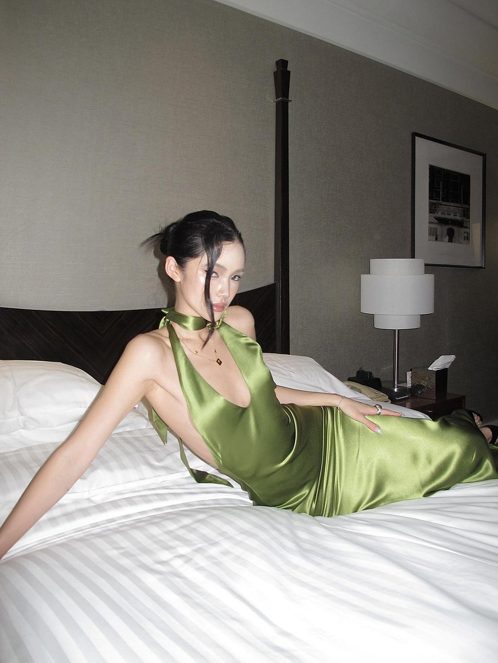rovente Green Shimmer Halter Backless Waist Cinch Women's Acetate Bodycon Maxi Dresses
