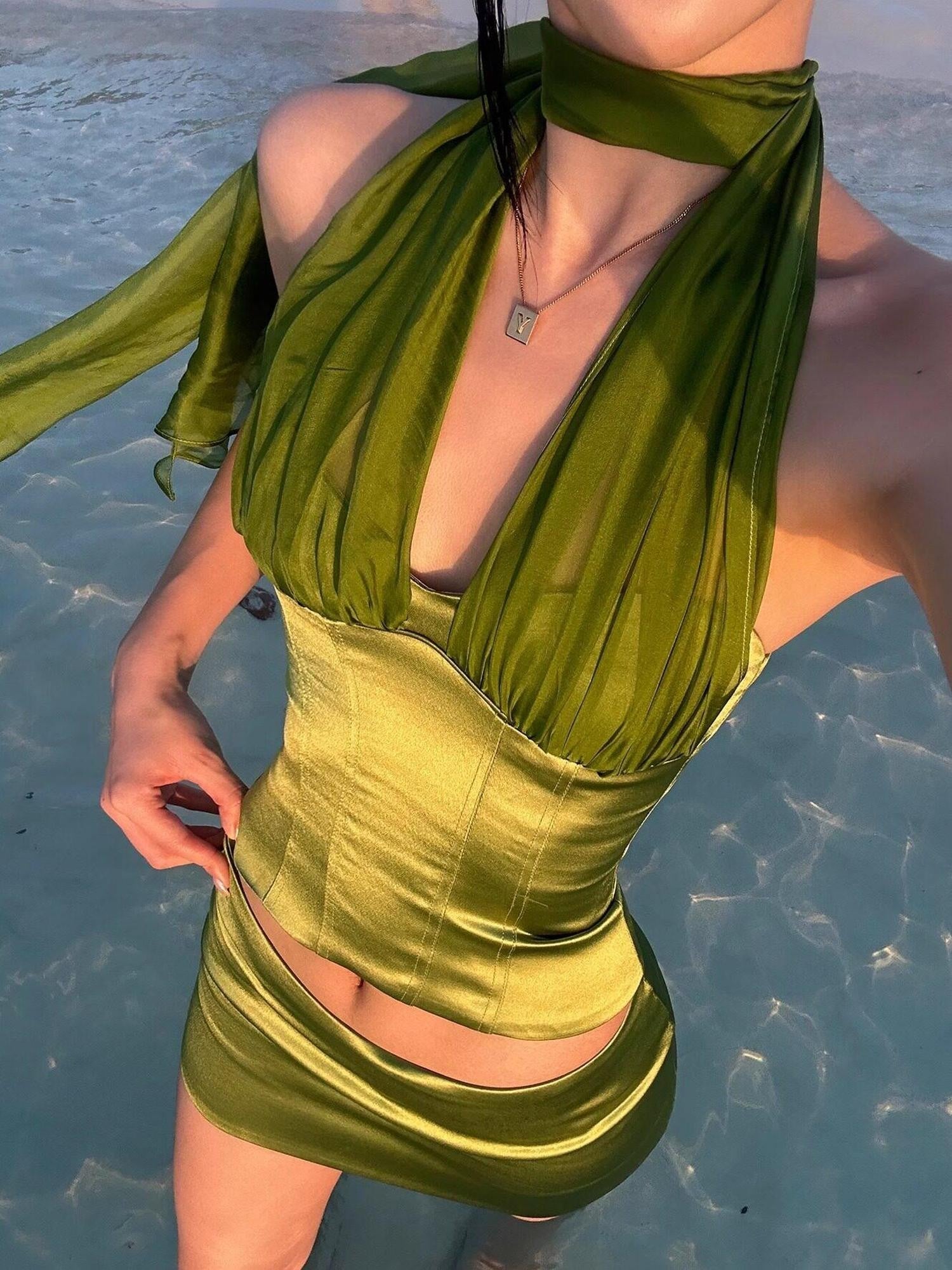 rovente Green Tie Neck Padded Waist Sculpting Cropped Women's Acetate Halter Tops