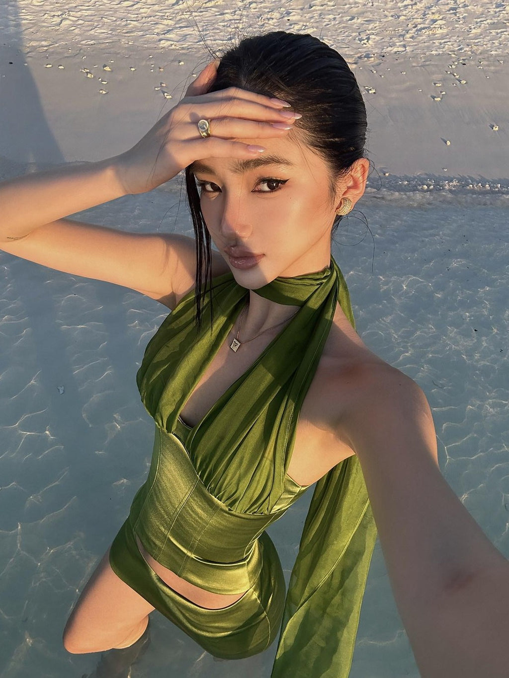 rovente Green Tie Neck Padded Waist Sculpting Cropped Women's Acetate Halter Tops