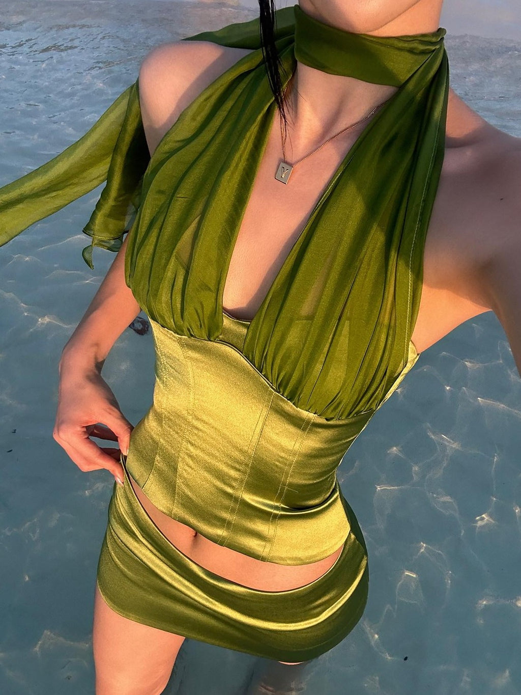 rovente Green Tie Neck Padded Waist Sculpting Cropped Women's Acetate Halter Tops