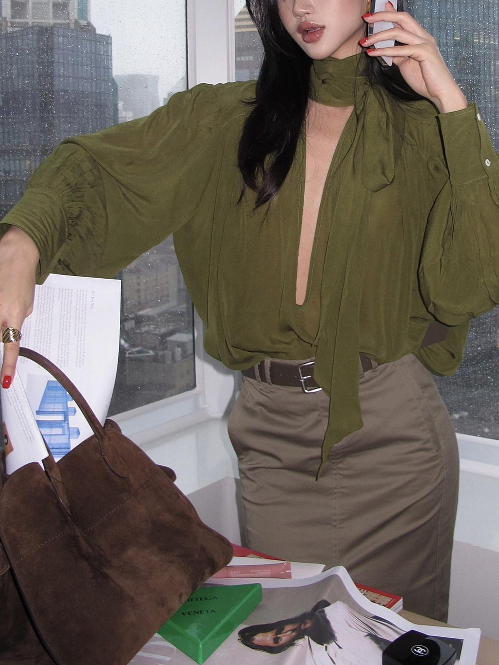 rovente Green V-neck Ribbon Tie Long Sleeve Women's Lightweight Woven Oversized Shirts