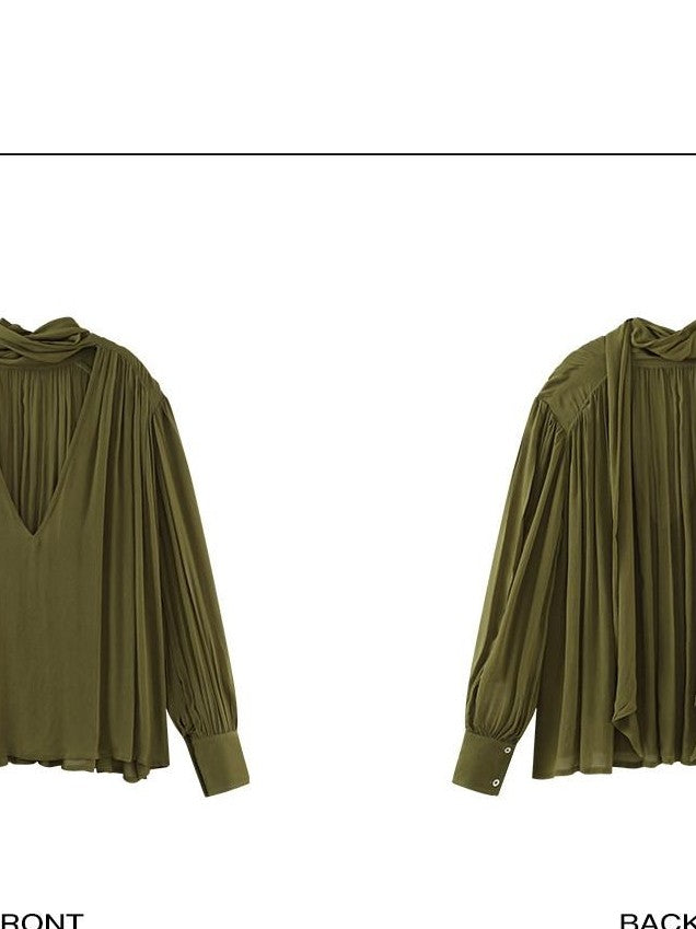 rovente Green V-neck Ribbon Tie Long Sleeve Women's Lightweight Woven Oversized Shirts