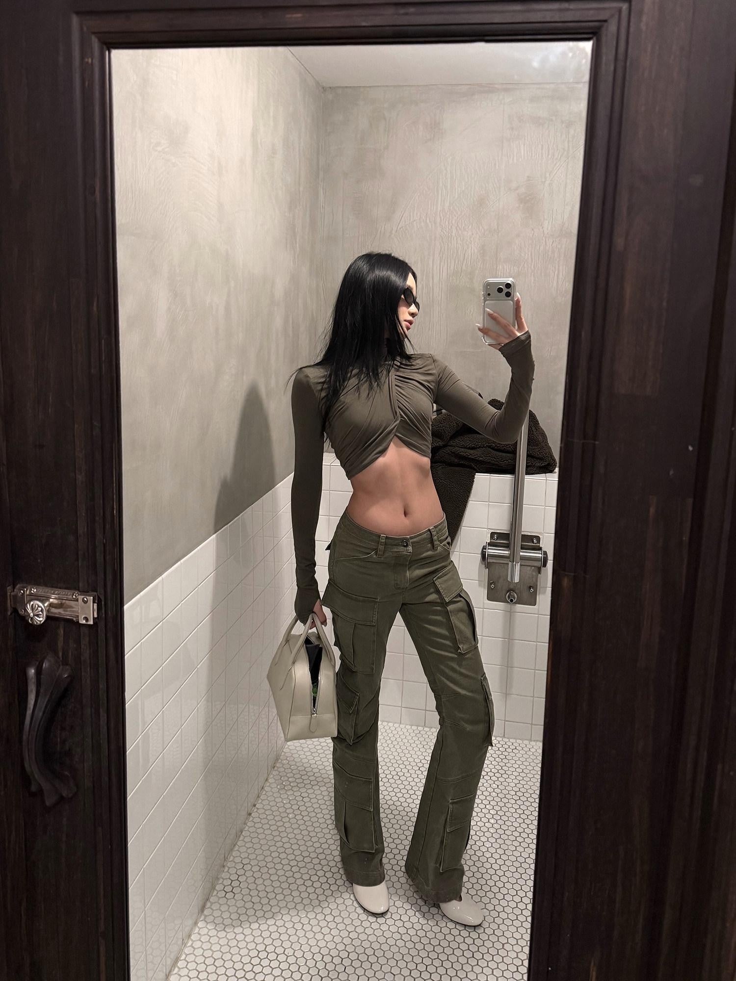rovente Green Zipper Pocket Woven Straight Leg Women's Cotton Cargo Pants