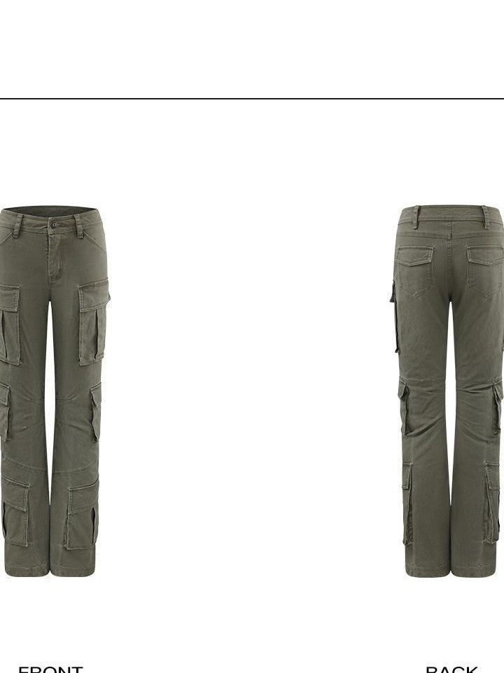 rovente Green Zipper Pocket Woven Straight Leg Women's Cotton Cargo Pants