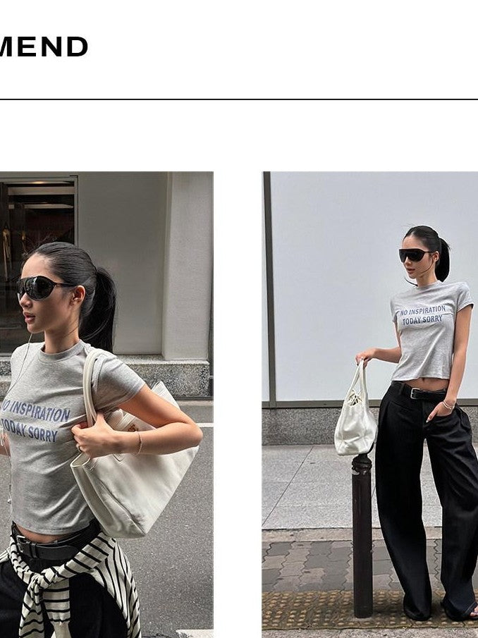 rovente Grey Letter Print Set In Shoulder Cropped Women's Lyocell Slim T-shirts