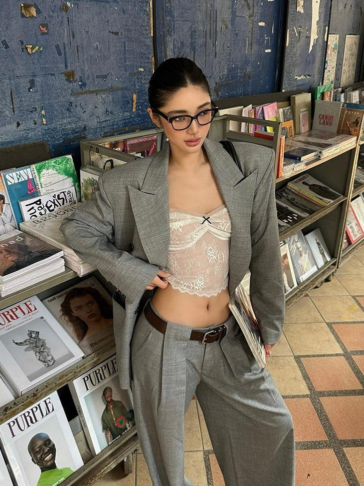 rovente Grey Notched Lapel Oversized Shoulder Pad Single Breasted Women's Wool Blazers