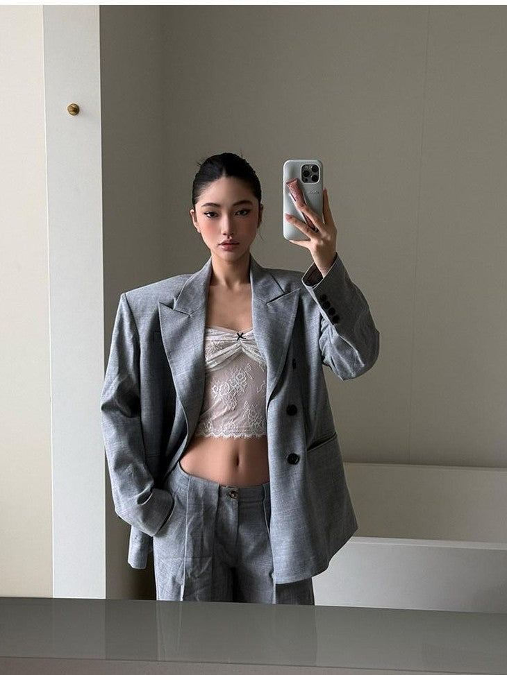 rovente Grey Notched Lapel Oversized Shoulder Pad Single Breasted Women's Wool Blazers