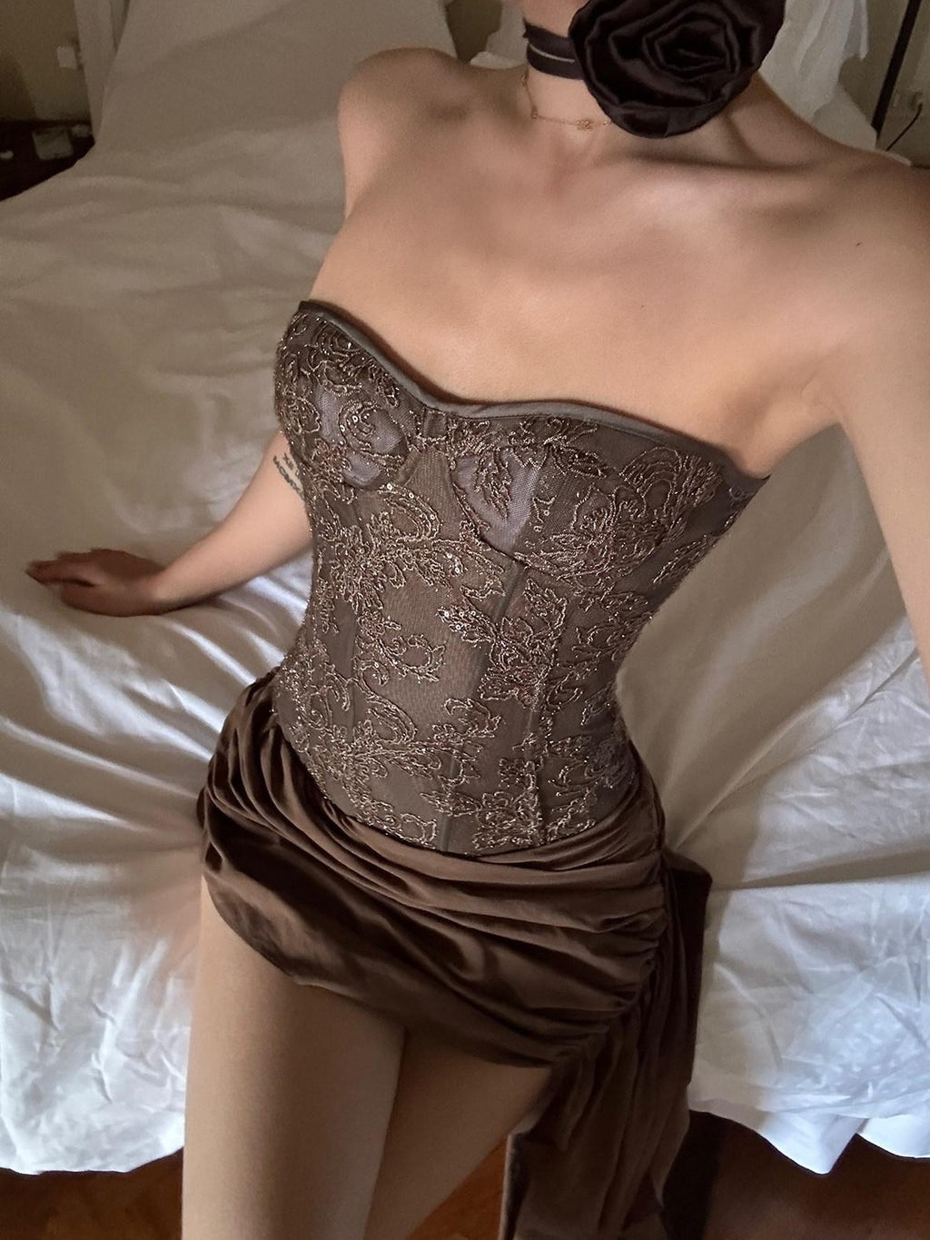 rovente Heavy Embroidered Lace Boned Padded Coffee Brown Women's Polyester Tube Tops