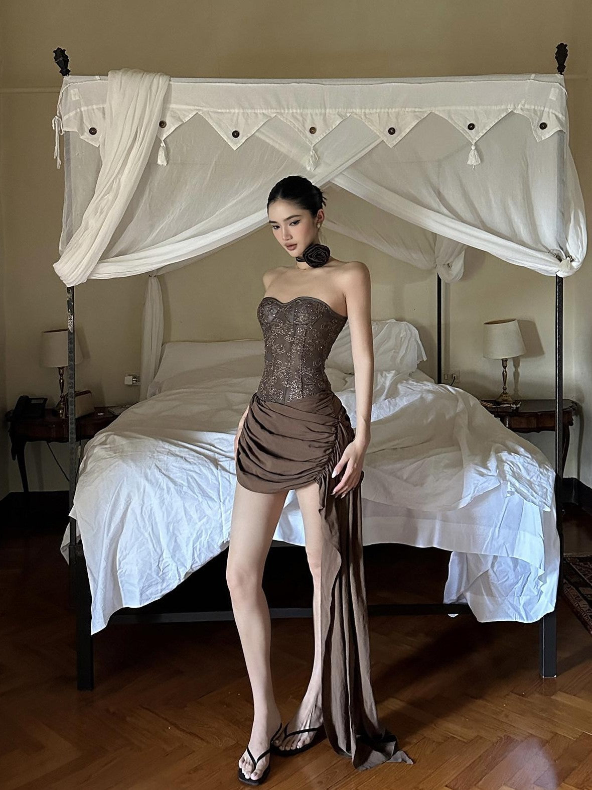 rovente Heavy Embroidered Lace Boned Padded Coffee Brown Women's Polyester Tube Tops
