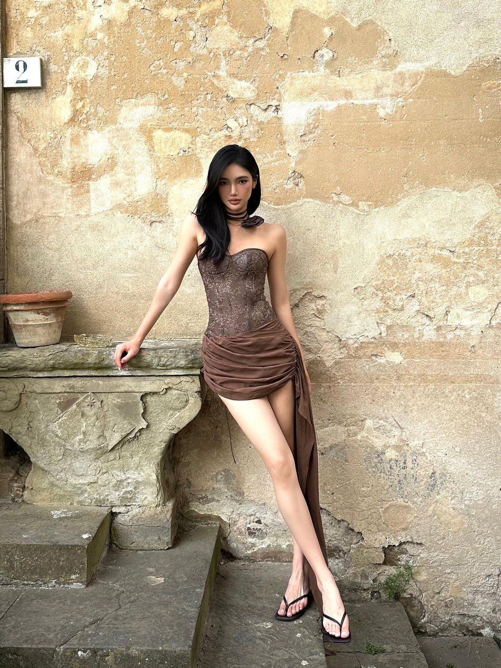 rovente Heavy Embroidered Lace Boned Padded Coffee Brown Women's Polyester Tube Tops
