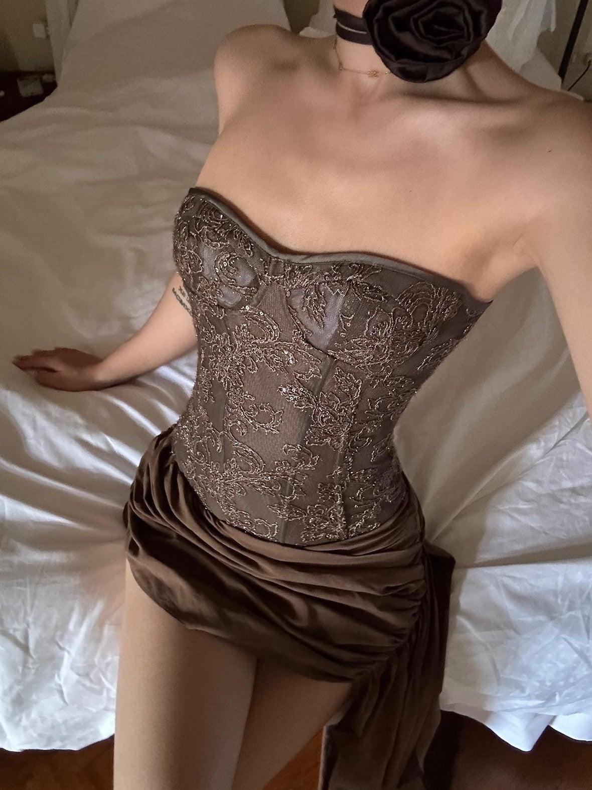 rovente Heavy Embroidered Lace Boned Padded Coffee Brown Women's Polyester Tube Tops