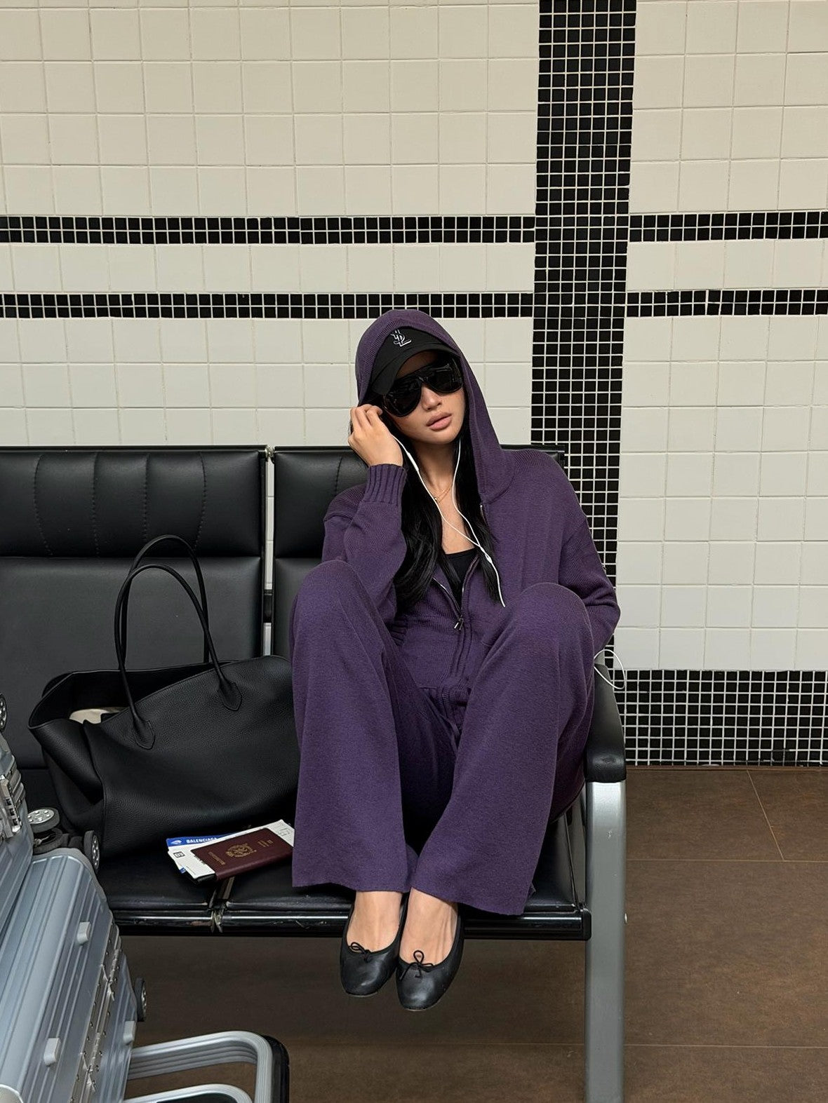 rovente Hooded Zip Loose Knit Purple Women's Knit Top & Pants Sets
