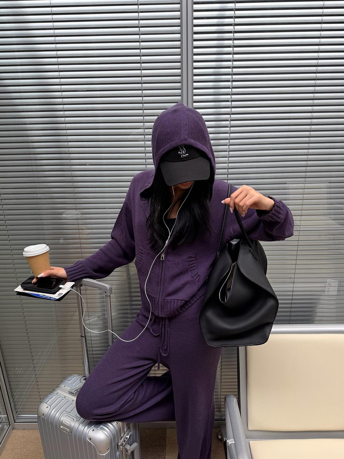 rovente Hooded Zip Loose Knit Purple Women's Knit Top & Pants Sets