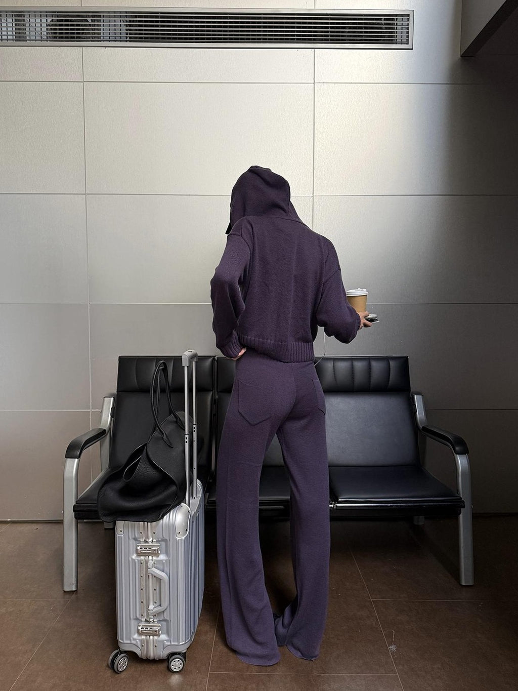 rovente Hooded Zip Loose Knit Purple Women's Knit Top & Pants Sets