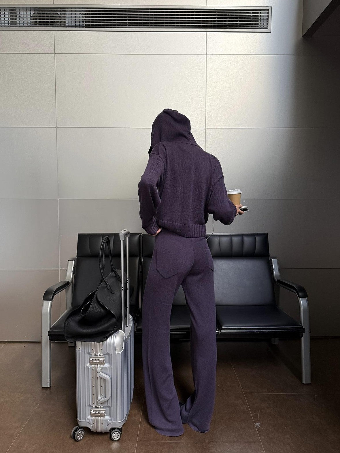 rovente Hooded Zip Loose Knit Purple Women's Knit Top & Pants Sets