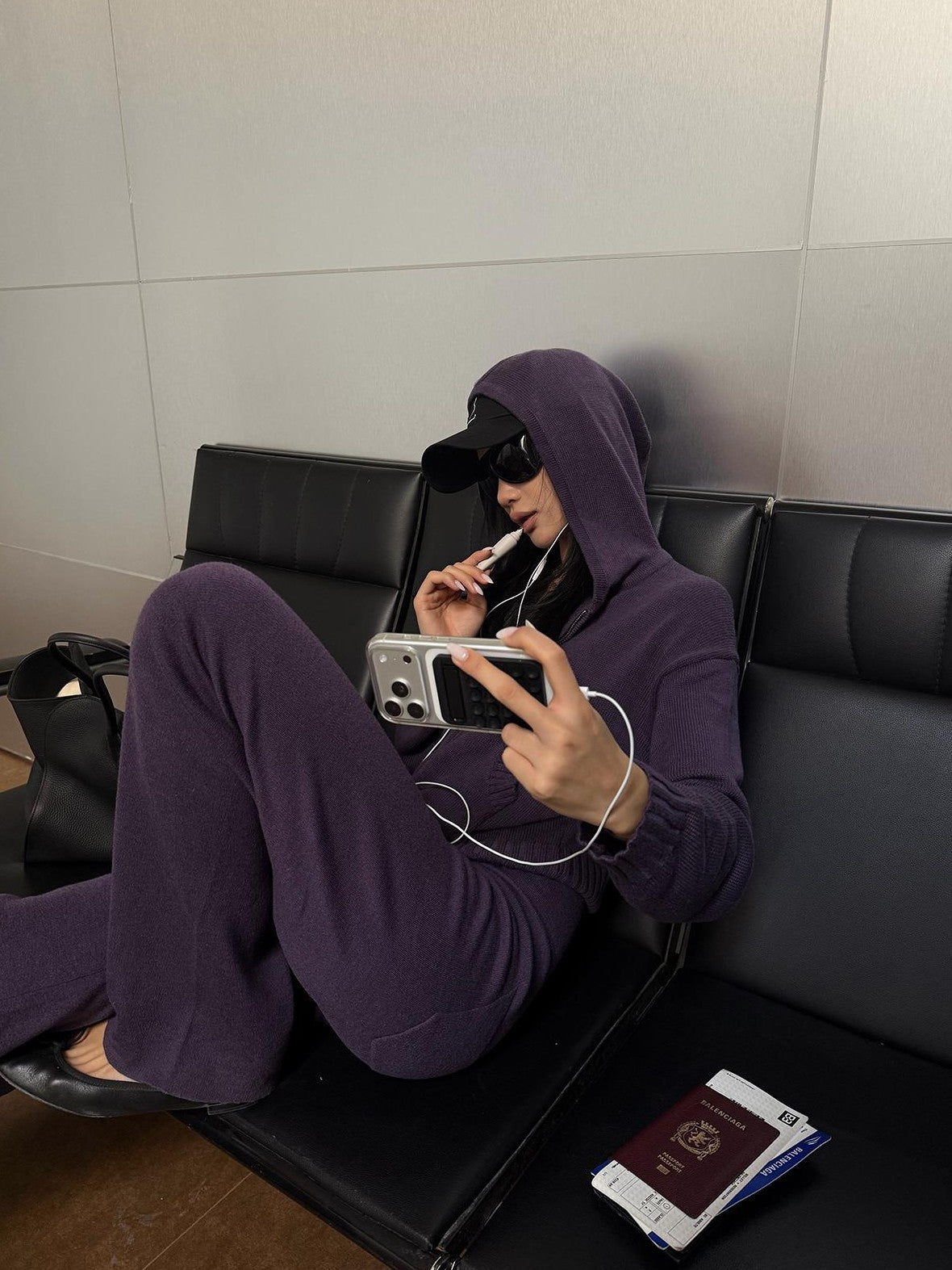 rovente Hooded Zip Loose Knit Purple Women's Knit Top & Pants Sets