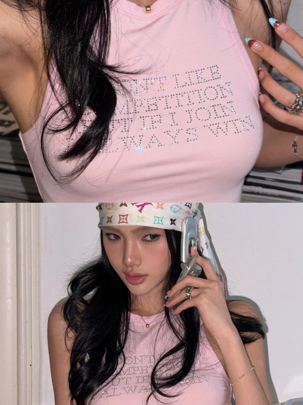 rovente Iridescent Pink Letter Print Rhinestone Racerback Women's Tencel Tank Tops