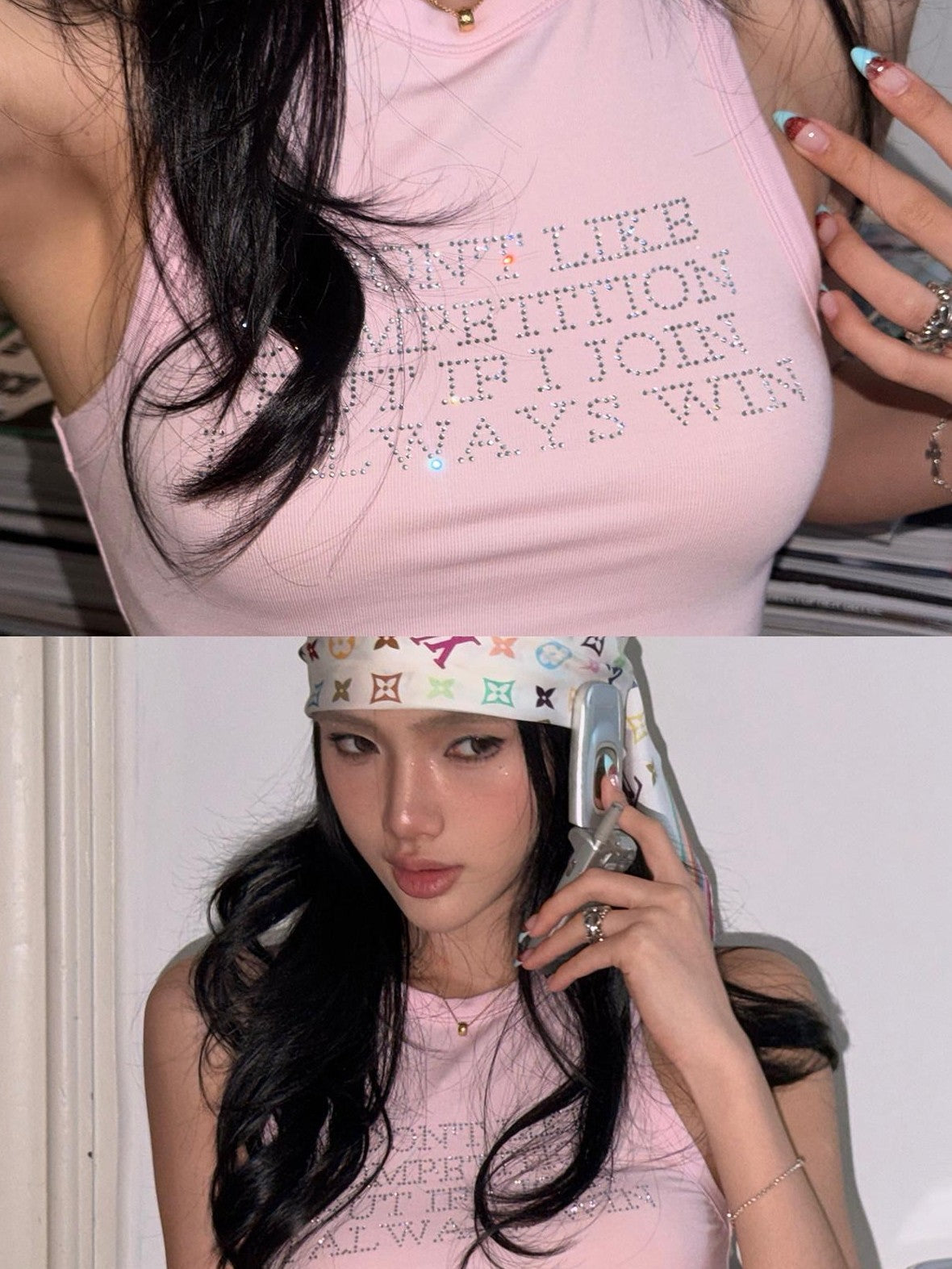rovente Iridescent Pink Letter Print Rhinestone Racerback Women's Tencel Tank Tops