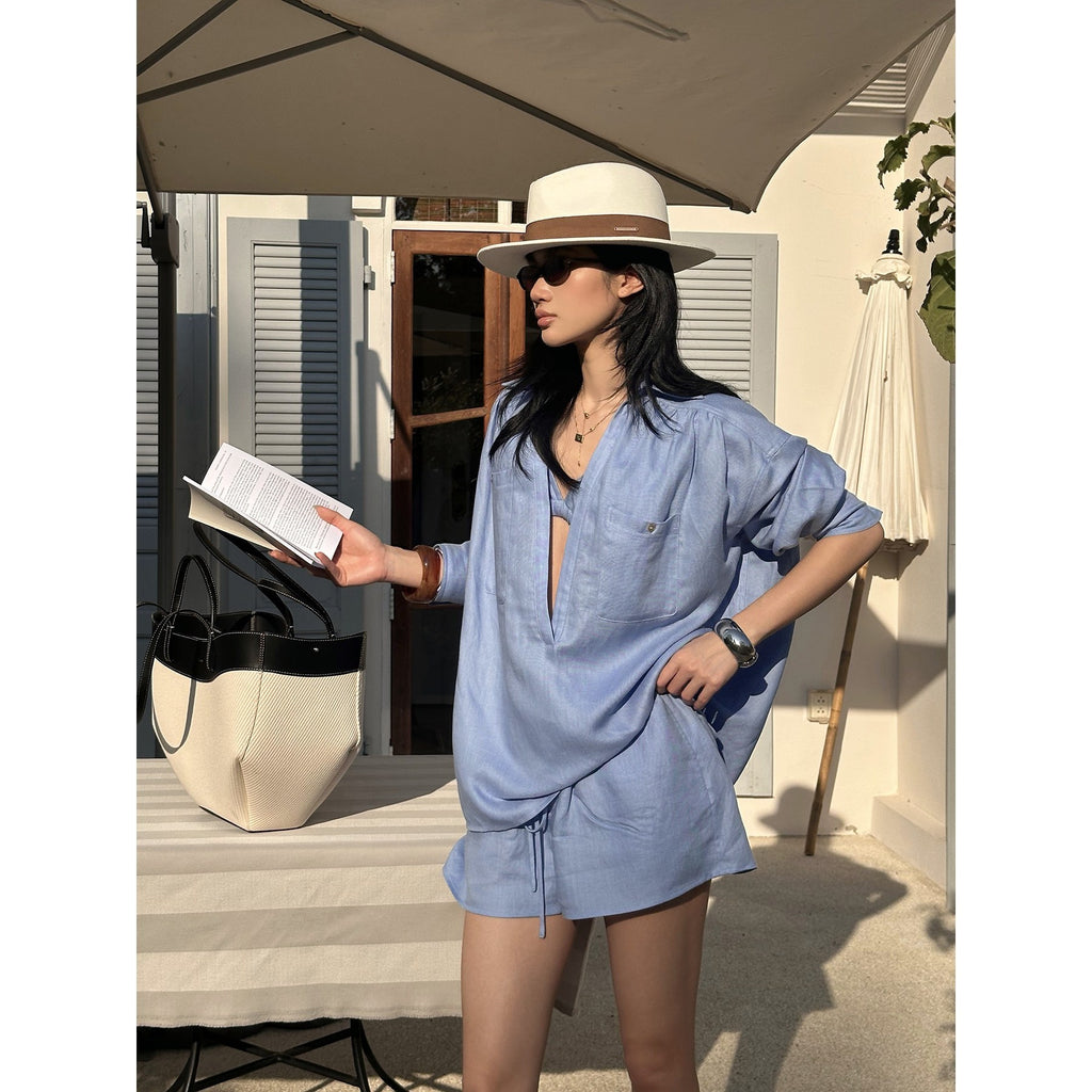 rovente_Island_Blue_Deep_V_Loose_Cut_Women's_Lyocell_Casual_Top_&_Shorts_Sets_1018999343600_MISSTT