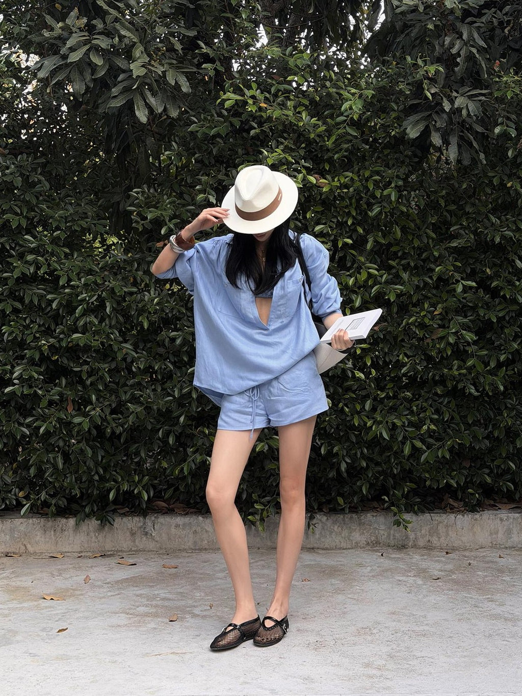 rovente Island Blue Deep V Loose Cut Women's Lyocell Casual Top & Shorts Sets