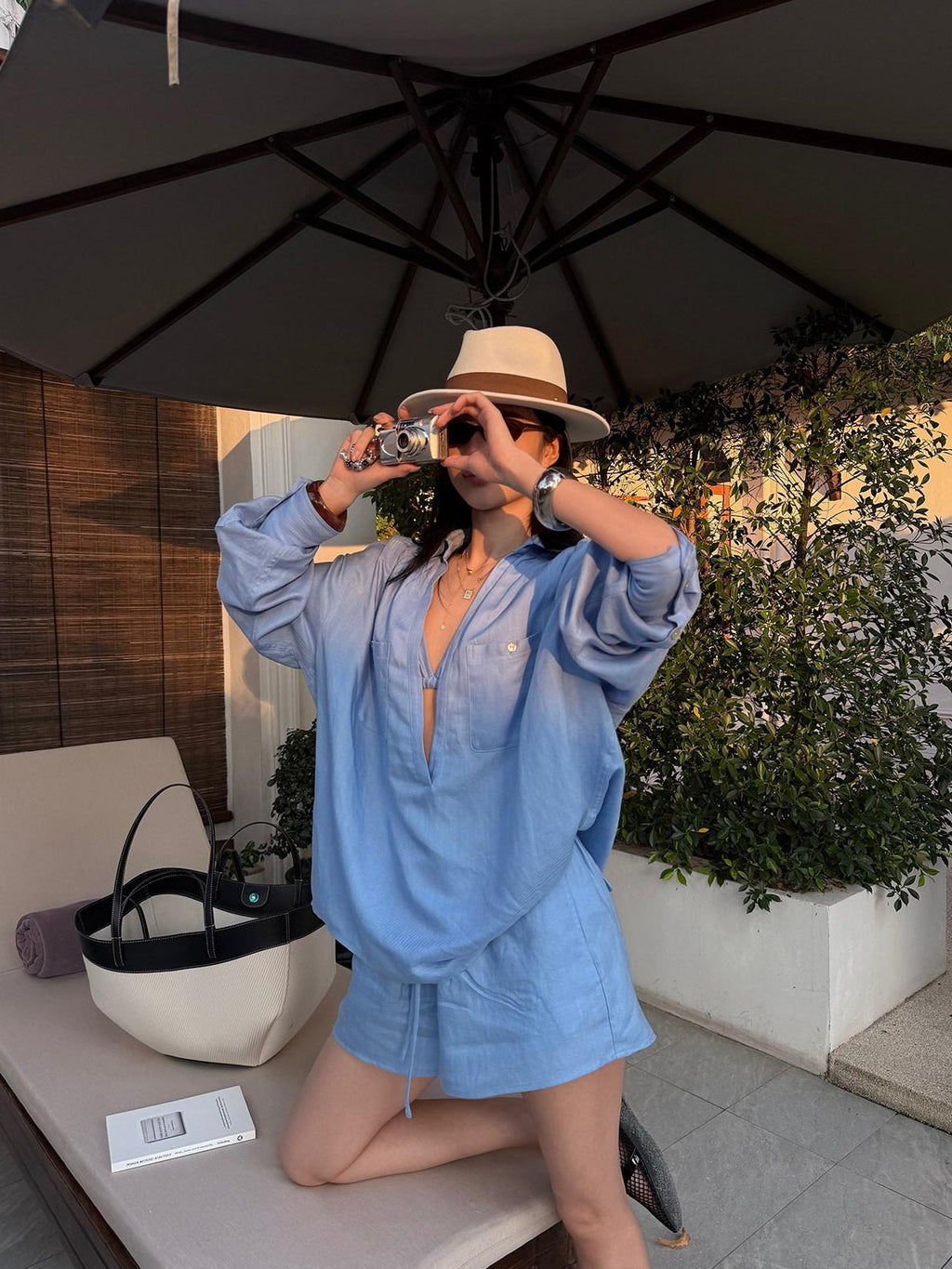 rovente Island Blue Deep V Loose Cut Women's Lyocell Casual Top & Shorts Sets