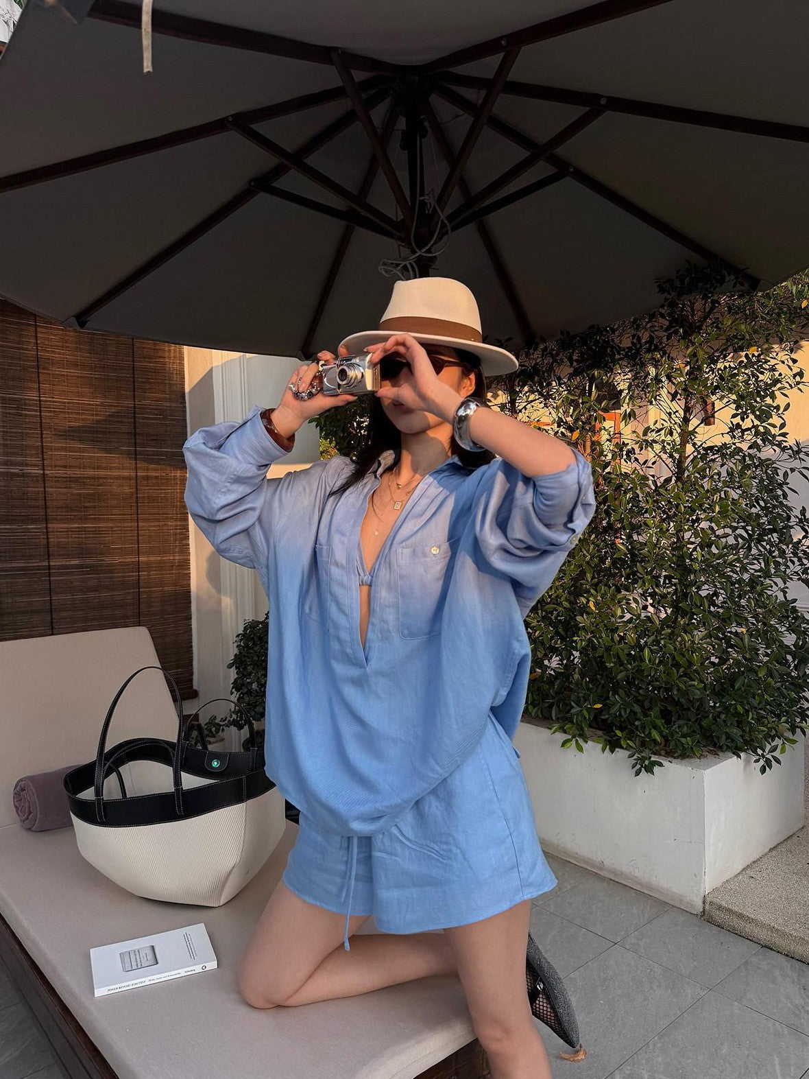 rovente Island Blue Deep V Loose Cut Women's Lyocell Casual Top & Shorts Sets