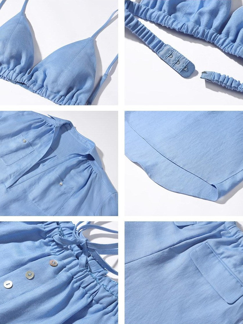 rovente Island Blue Deep V Loose Cut Women's Lyocell Casual Top & Shorts Sets