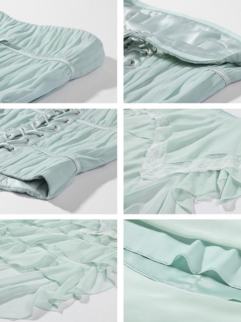 rovente Island Strapless Irregular Tiered Green Women's Chiffon Matching Skirt Sets