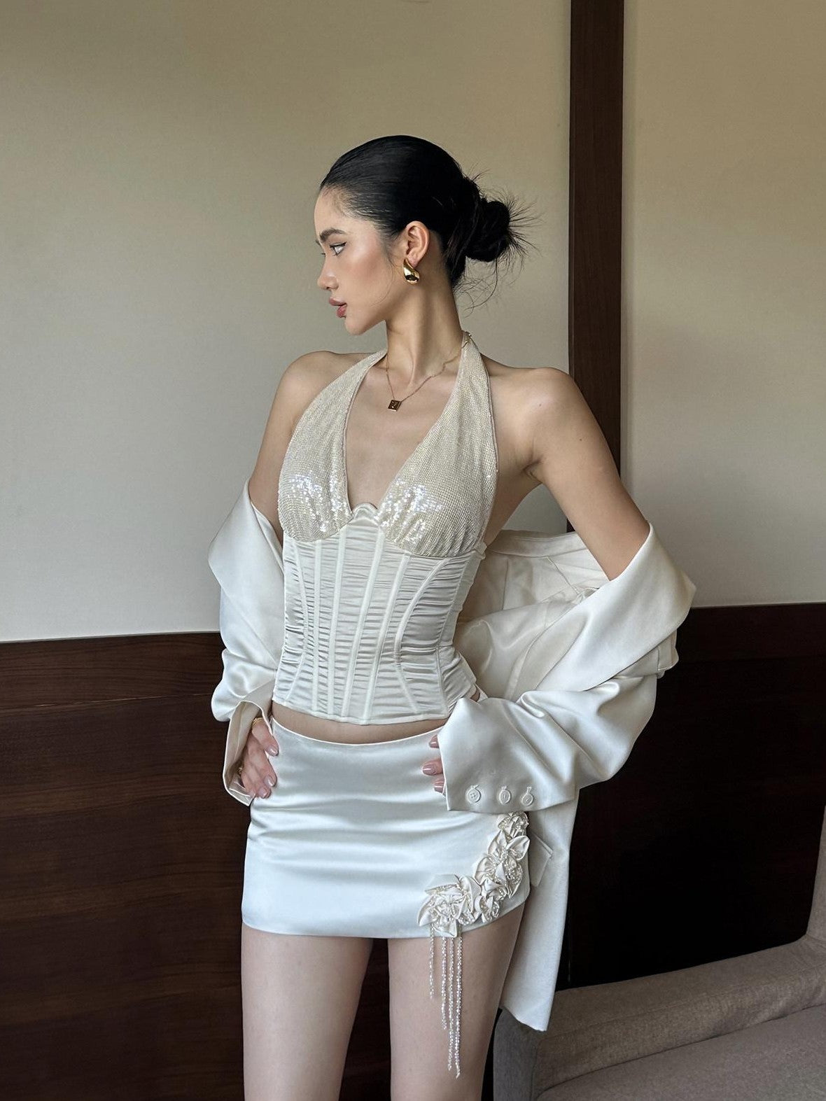 rovente Ivory 3d Sequin Embellished Bodycon Women's Polyester Blend Matching Skirt Sets