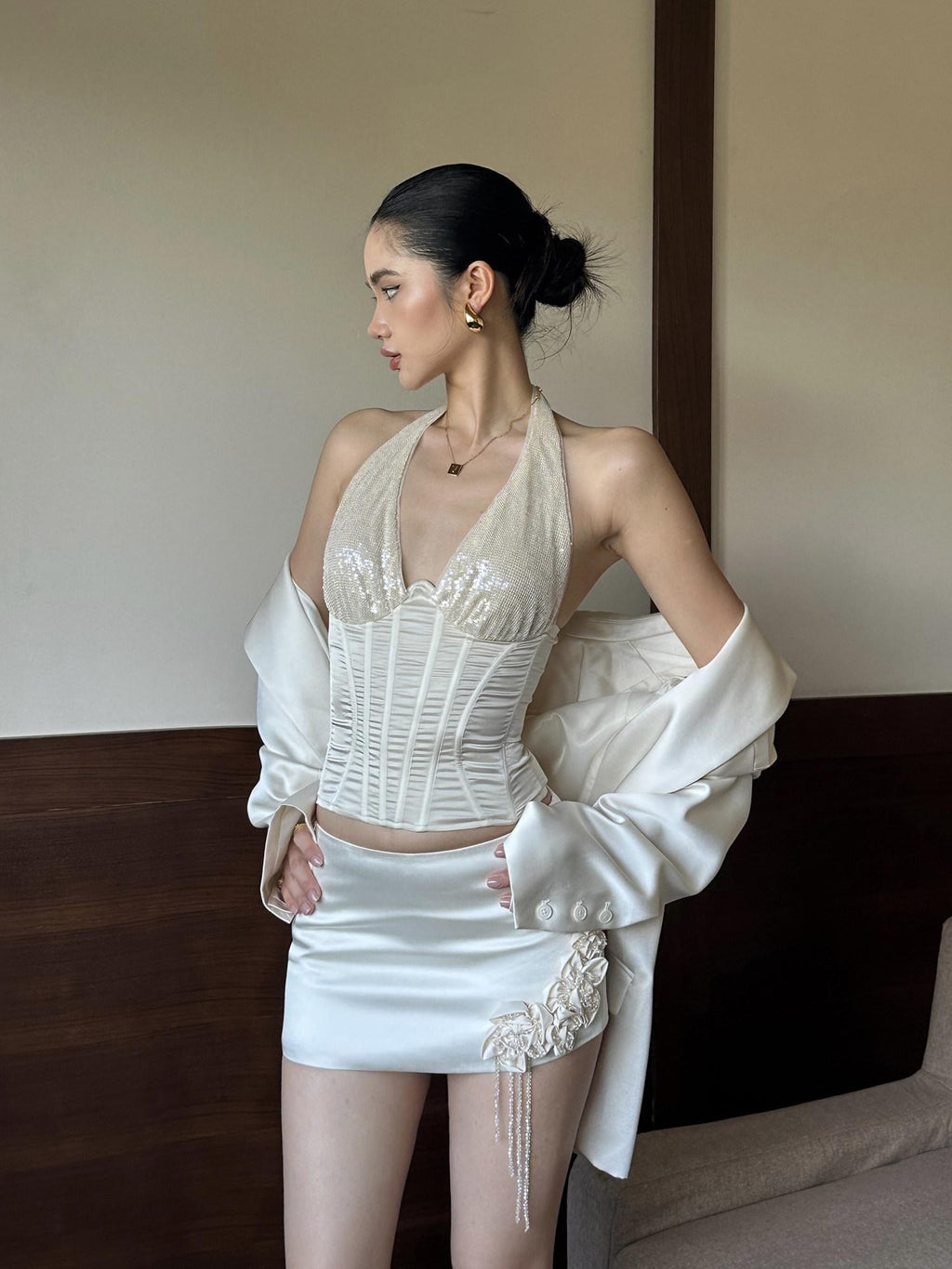 rovente Ivory 3d Sequin Embellished Bodycon Women's Polyester Blend Matching Skirt Sets