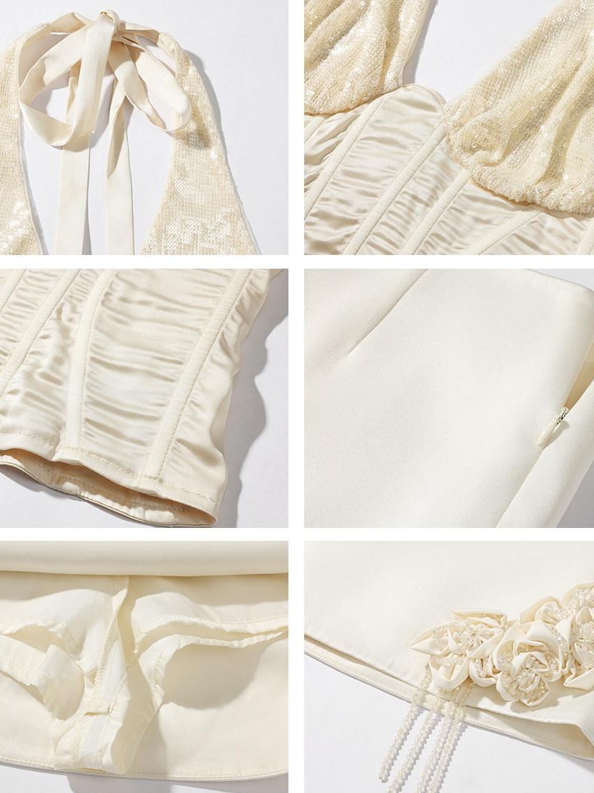rovente Ivory 3d Sequin Embellished Bodycon Women's Polyester Blend Matching Skirt Sets