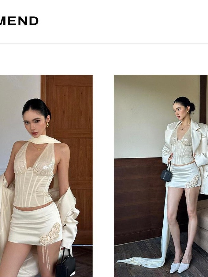 rovente Ivory 3d Sequin Embellished Bodycon Women's Polyester Blend Matching Skirt Sets