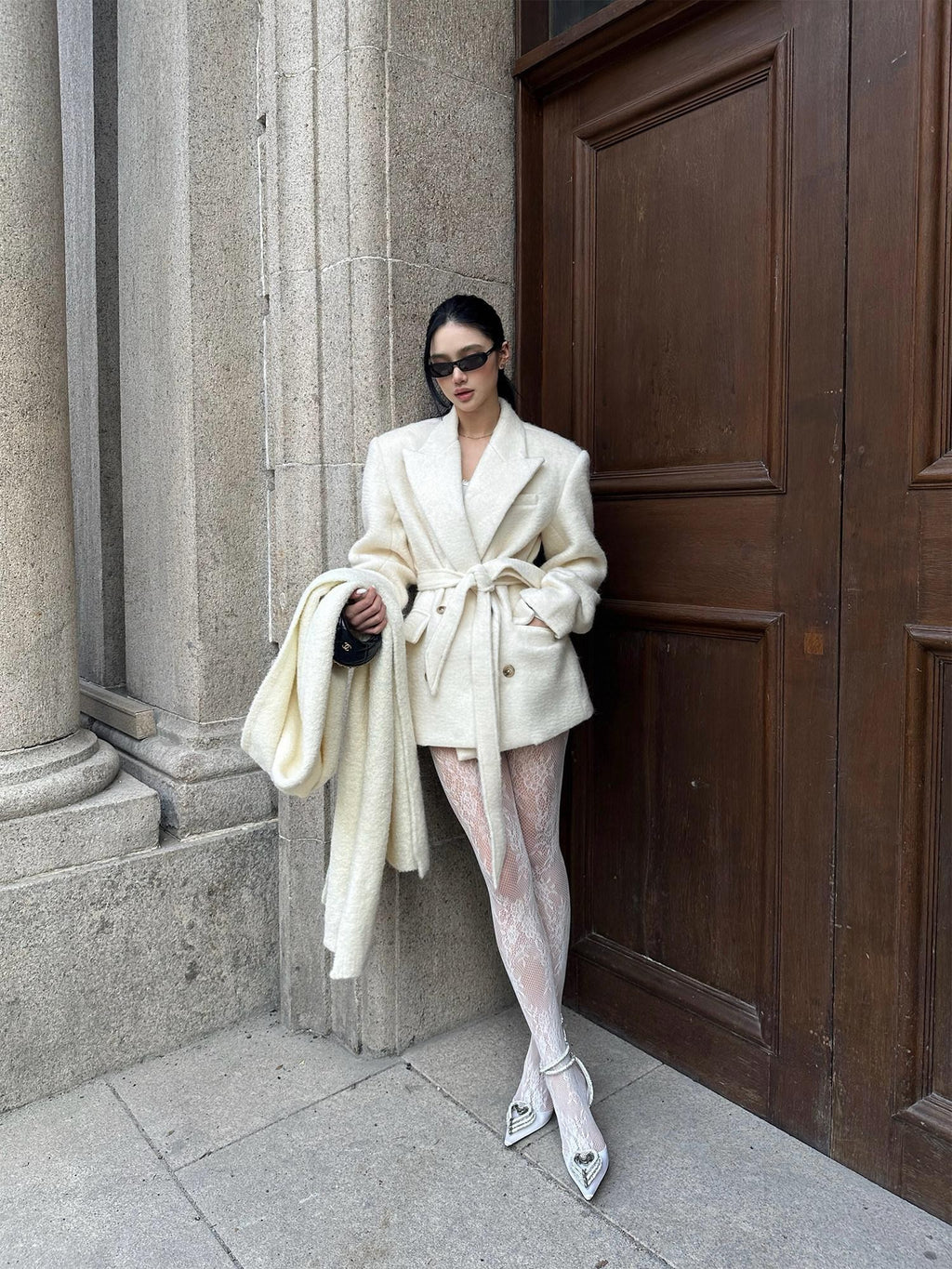 rovente Ivory Double Breasted Woven Relaxed Fit Women's Wool Blend Wool Coats