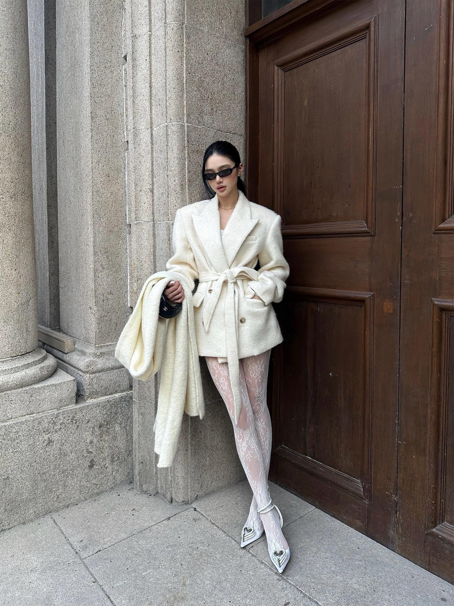 rovente Ivory Double Breasted Woven Relaxed Fit Women's Wool Blend Wool Coats