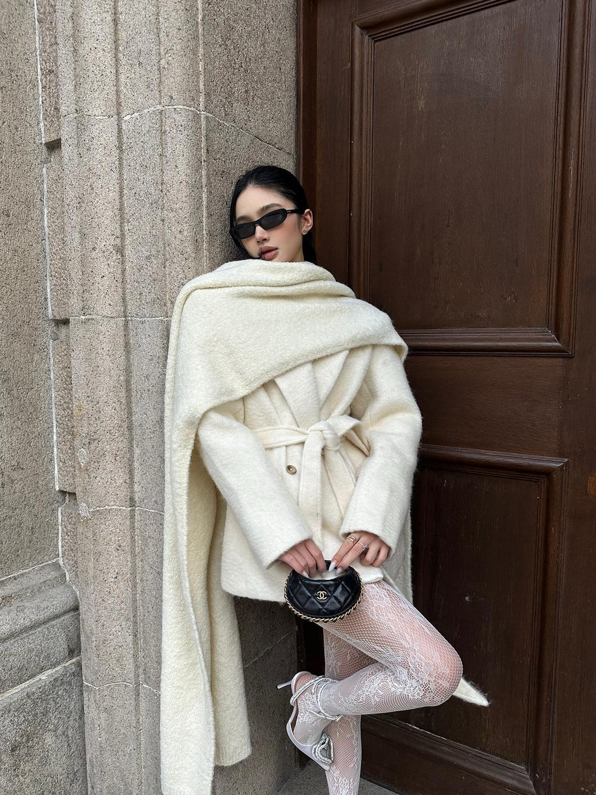 rovente Ivory Double Breasted Woven Relaxed Fit Women's Wool Blend Wool Coats