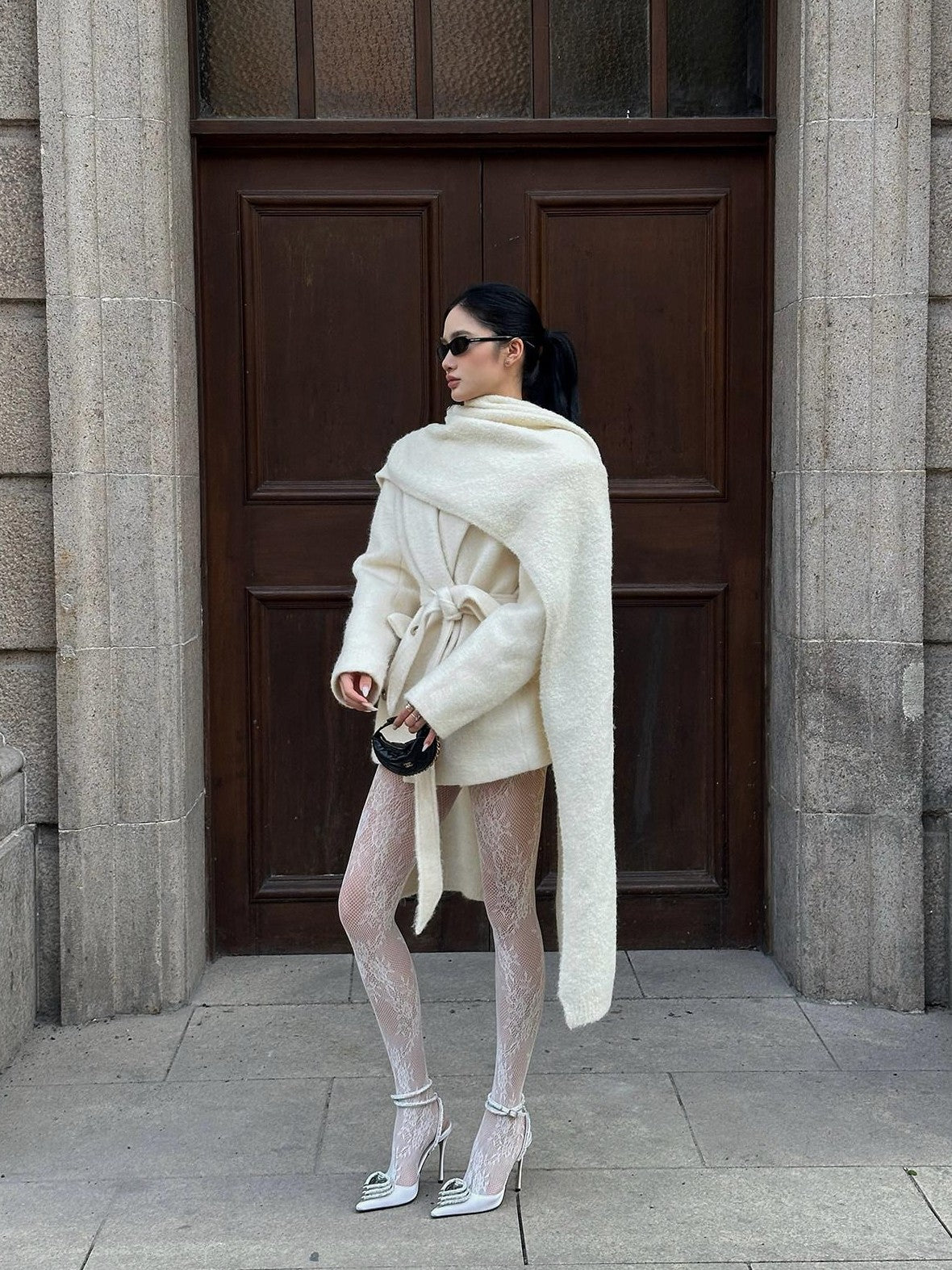 rovente Ivory Double Breasted Woven Relaxed Fit Women's Wool Blend Wool Coats