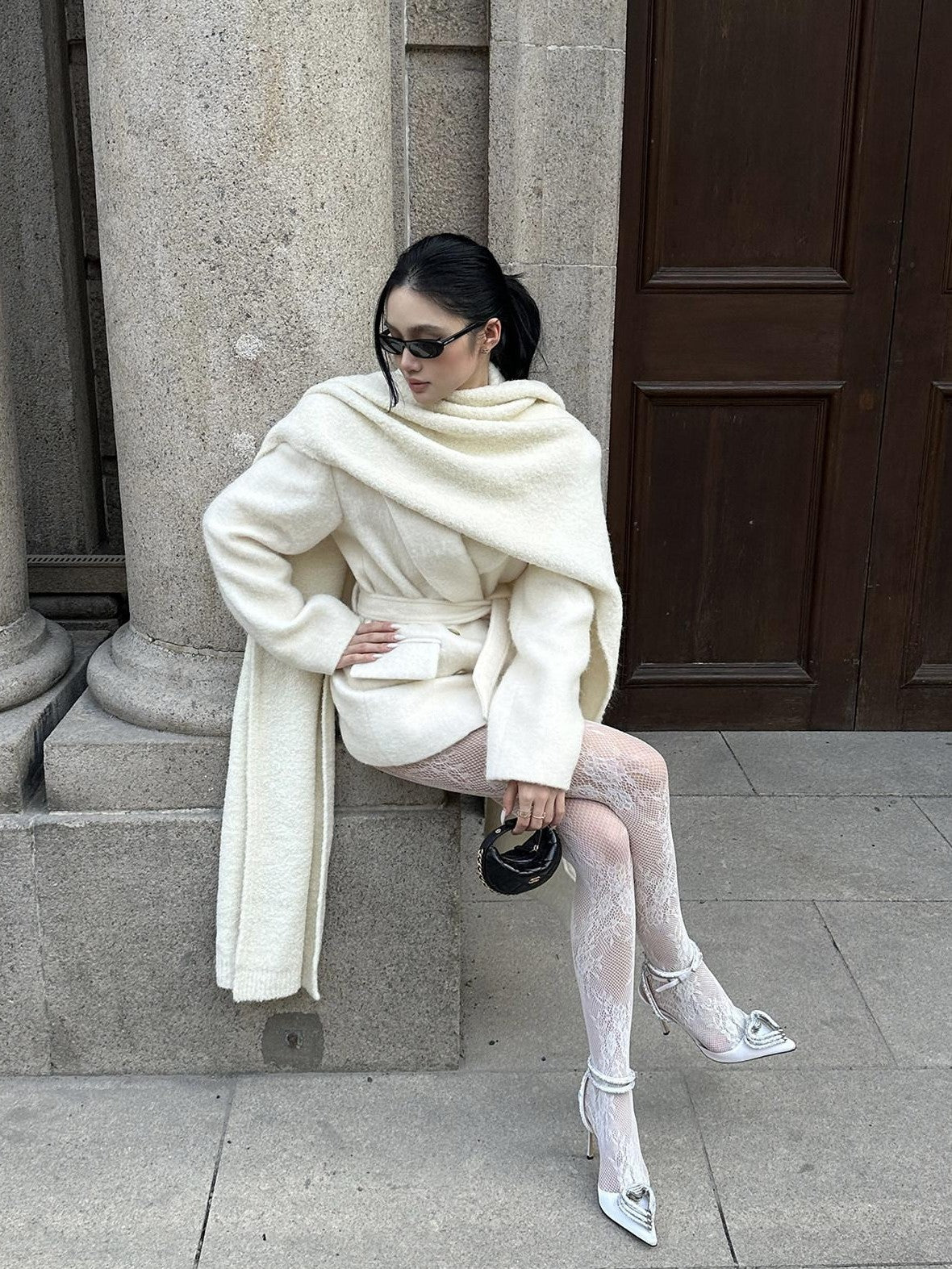 rovente Ivory Double Breasted Woven Relaxed Fit Women's Wool Blend Wool Coats