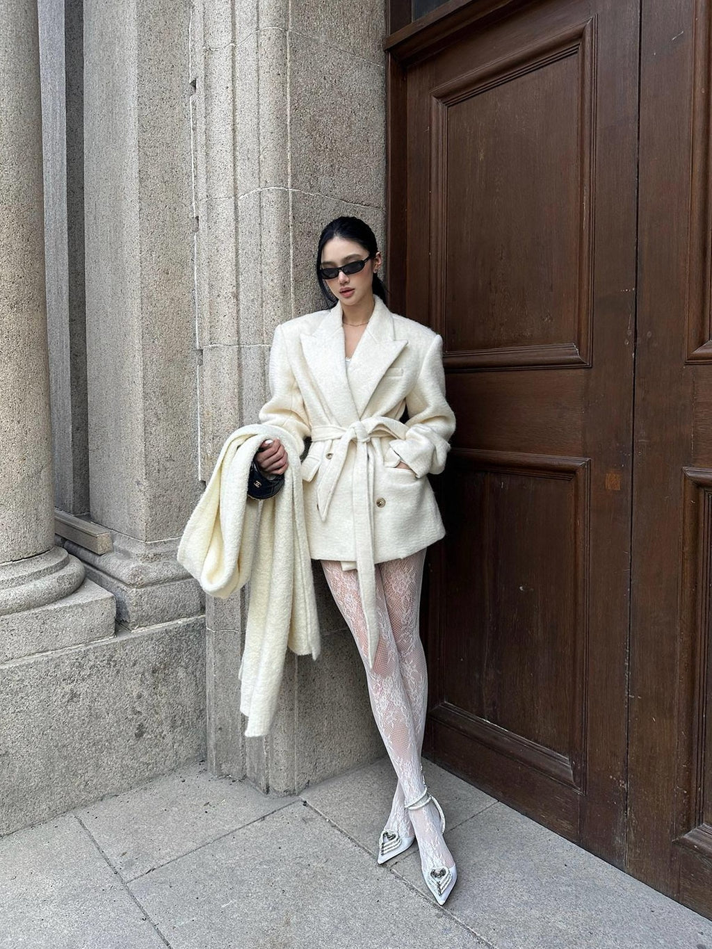 rovente Ivory Double Breasted Woven Relaxed Fit Women's Wool Blend Wool Coats
