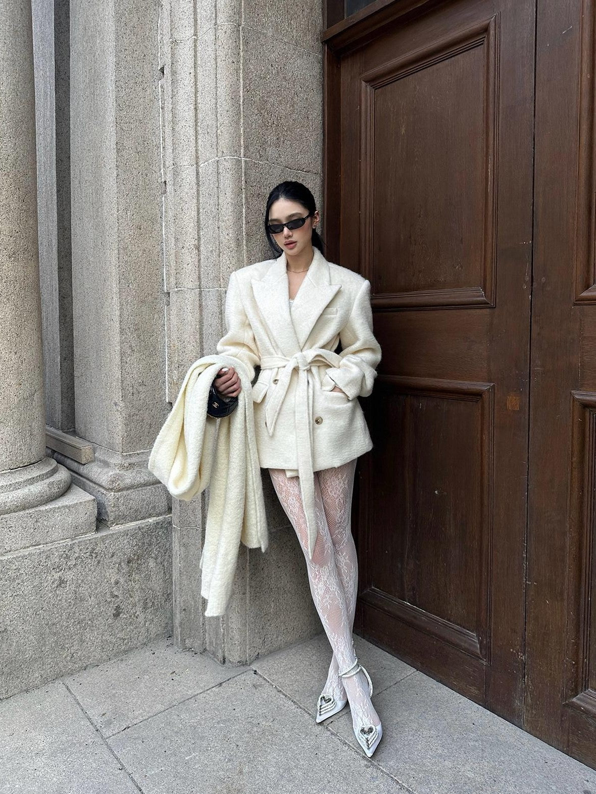 rovente Ivory Double Breasted Woven Relaxed Fit Women's Wool Blend Wool Coats