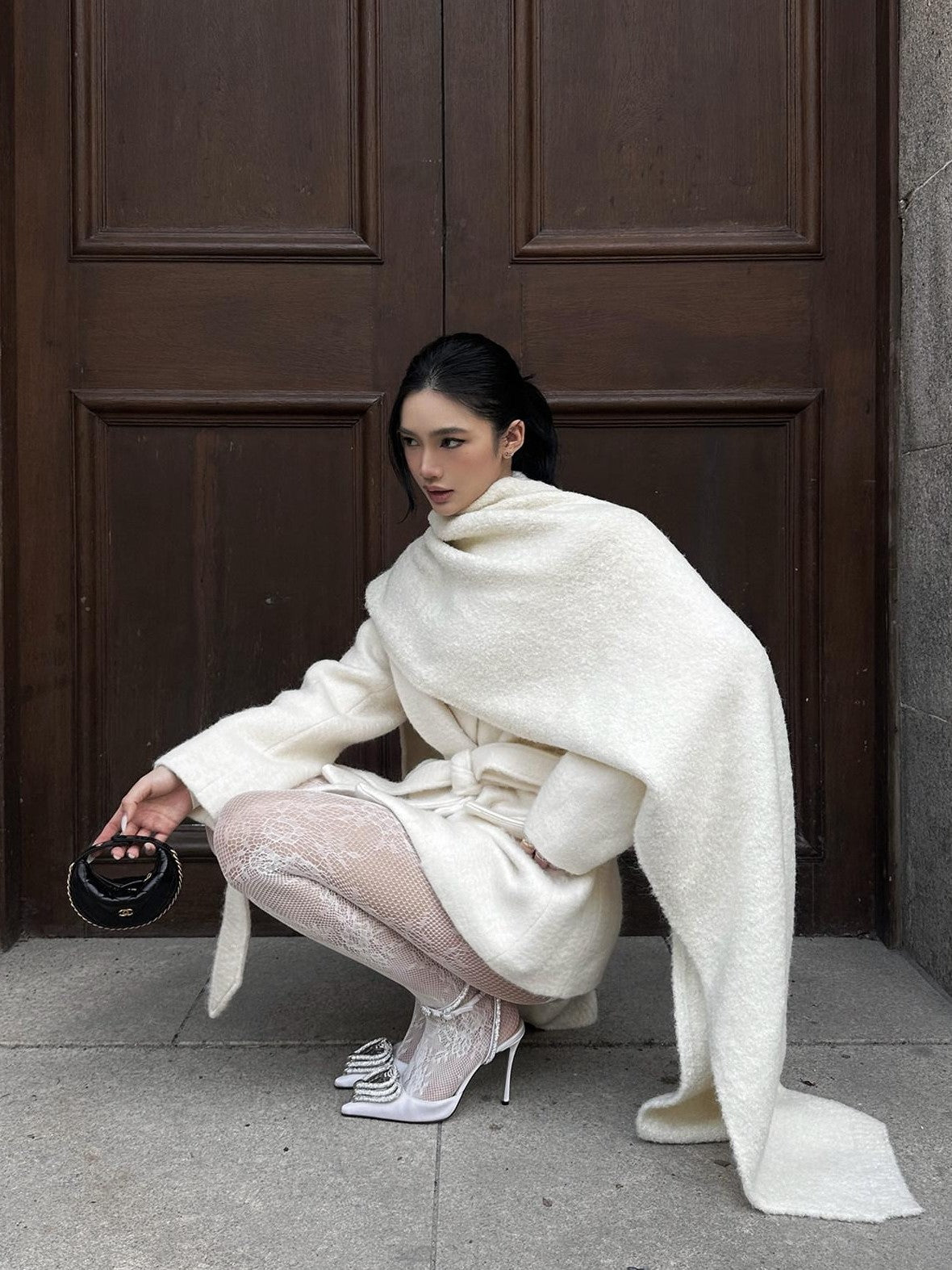 rovente Ivory Double Breasted Woven Relaxed Fit Women's Wool Blend Wool Coats