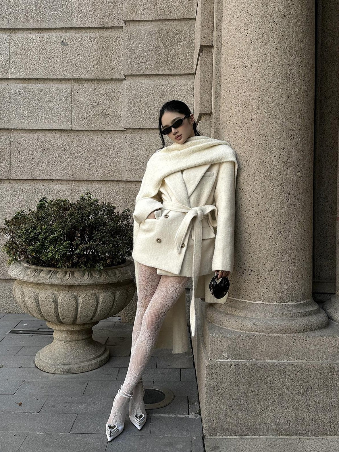 rovente Ivory Double Breasted Woven Relaxed Fit Women's Wool Blend Wool Coats