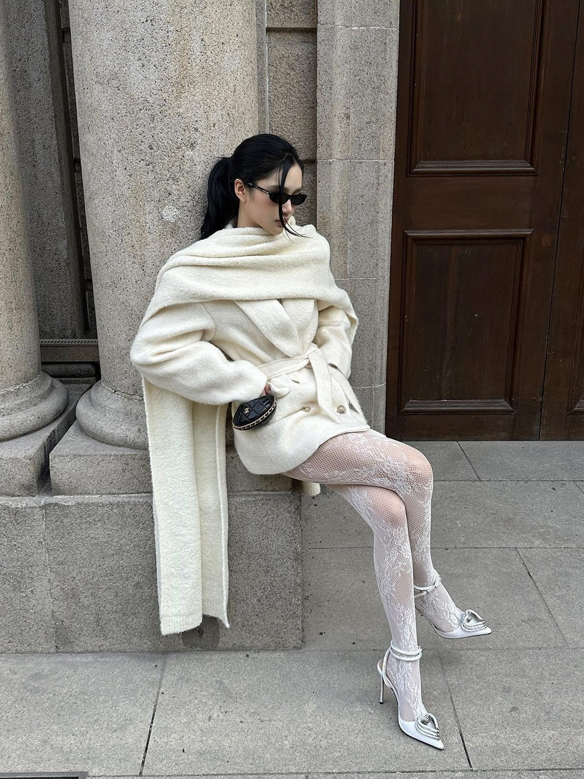 rovente Ivory Double Breasted Woven Relaxed Fit Women's Wool Blend Wool Coats