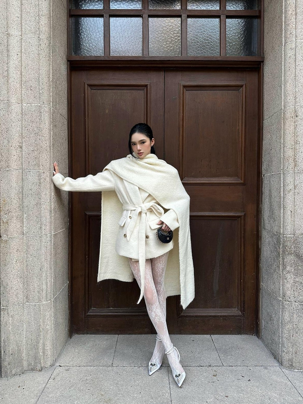 rovente Ivory Double Breasted Woven Relaxed Fit Women's Wool Blend Wool Coats